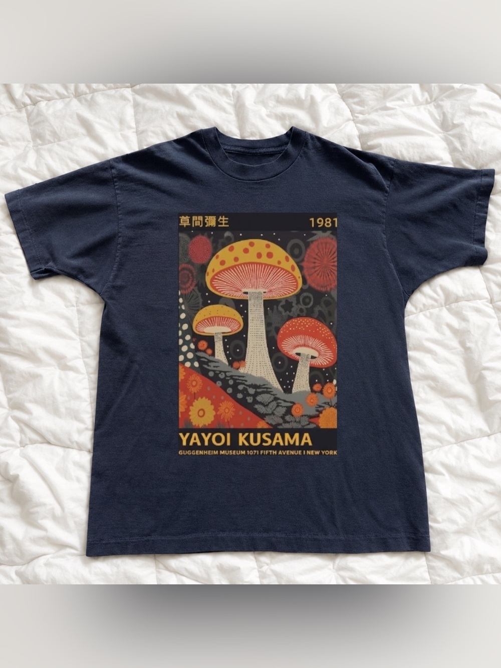 Yayoi Kusama Black colorful Mushroom Graphic Tee - Unisex Vintage Style
